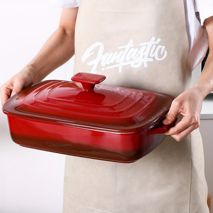 4 Qt Rectangular Ceramic Casserole Dish with Lid – 9x13" Deep Stoneware Baking Pan for Lasagna Oven Baking & Serving in Red Blue & White