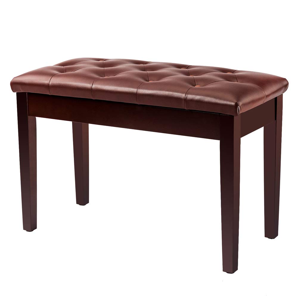 Bonnlo Wooden Duet Piano Bench - Thick PU Leather Padded Cushion, Under-Seat Sheet Music Storage, Locking Lid, 440 lbs Solid Wood Legs - Black & Brown, 21.5" or 29.5" Wide