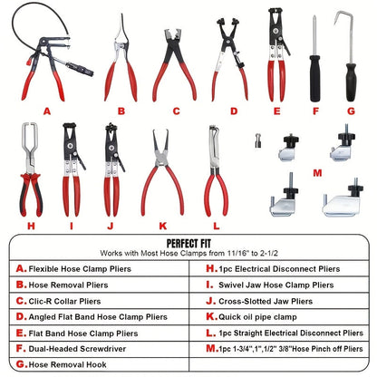 16-Piece Long-Handled Hose Clamp Kit Automotive Spring Wire Clamps Hose Disassembly Tool Set for Fuel Oil & Water Pipe Replacement – Professional Mechanic Tool