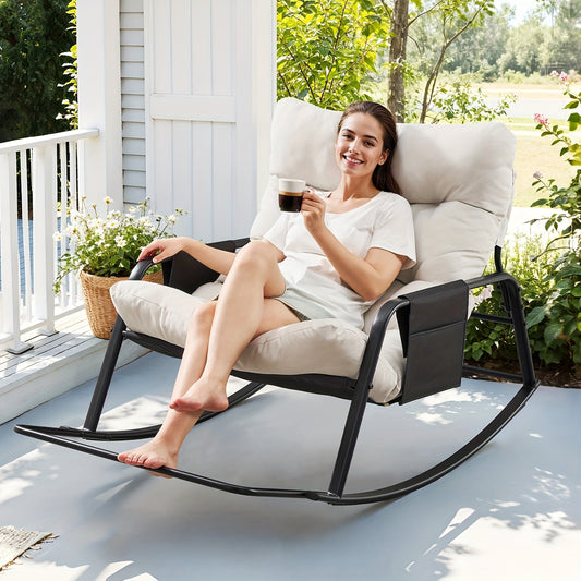Oversized Outdoor Patio Upholstered Rocking Chair with 5.5" Thick Cushion, Footrest & Double-Sided Storage Bags for Patio Terrace Garden & Balcony – Non-Slip Backing, Available in Beige & Grey, 1 or 2 Pack