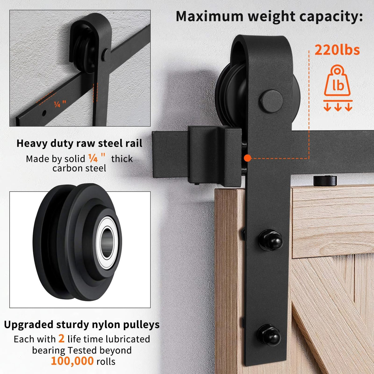 Sliding Barn Door Hardware Kit 6.6 FT Heavy Duty Carbon Steel Track – Quiet Gliding Complete Kit for Single Wood Doors 36"-40" Wide