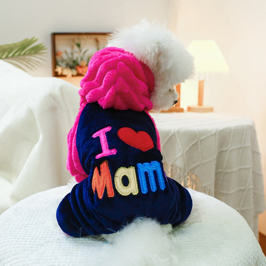 I Love Mommy Dog Hoodie, Warm Winter Pet Costume Outfit for Small Dogs & Cats, Cute Four-Legged Sweatshirt for Autumn & Winter, Dog Transformation Hoodie Apparel XXS to L