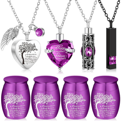 8-Piece Small Cremation Urns for Ashes – Alloy Keepsake Ash Holder Set with Family Tree Memorial Heart Locket Pendant for Adults Men & Women, Burial & Cremation Remembrance Gift, 8 Colors