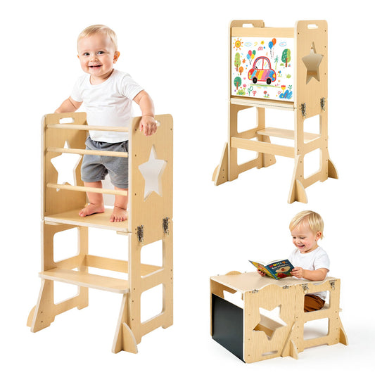 Weaning Table and Chair Set 4-in-1 Kids Learning Tower with Chalkboard & Whiteboard, Toddler Kitchen Step Stool, Converts to Easel & Step Stool, Natural Wood, Ages 1-5