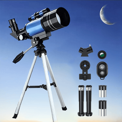 150X Portable Astronomical Telescope - 70mm Aperture, Tripod, Phone Holder, Eyepiece & Barlow Lens - Adults & Nature Education - White+Black, Blue, Black & White+Blue