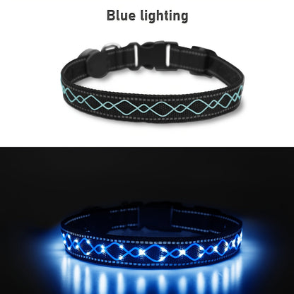 USB Rechargeable LED Embroidery Dog Collar for Night Safety – Glowing Decorative Light-Up Pet Collar with Adjustable Fit for Small Medium Large Dogs, 4 Colors, Sizes S M L