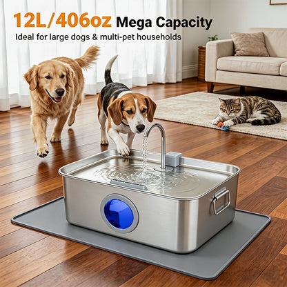 IDEAZOOS Large Dog Water Fountain 12L / 3.17 Gal - 304 Stainless Steel, Ultra Quiet, Water Level Window, Dry Burn Protection, Red/Blue Indicator - Easy to Clean, No Battery - Multi-Pet