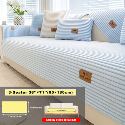 Short Plush Striped Sofa Cover & Cushion - All-Season, Pet-Friendly & Non-Slip - Armchair, Loveseat, 3/4/5-Seater, Backrest, Armrest & Pillowcase - White, Dark Gray, Light Gray, Coffee & Blue
