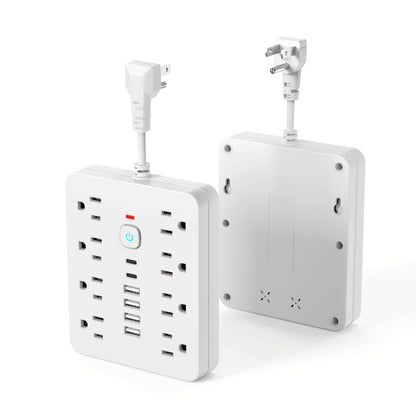 14-in-1 Power Strip Surge Protector - 8 AC Outlets, 4 USB-A & 2 USB-C Ports, Flat Plug, Space-Saving Extension Cord for Home, Office & Kitchen - White & Black