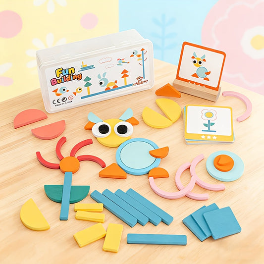 Wooden Geometric Shape Puzzle Building Blocks for Toddlers - Educational Stacking Shape Matching Cognitive Training Toy with Storage Box, Montessori Learning Gift for Boys Girls Ages 1-4, Birthday Christmas