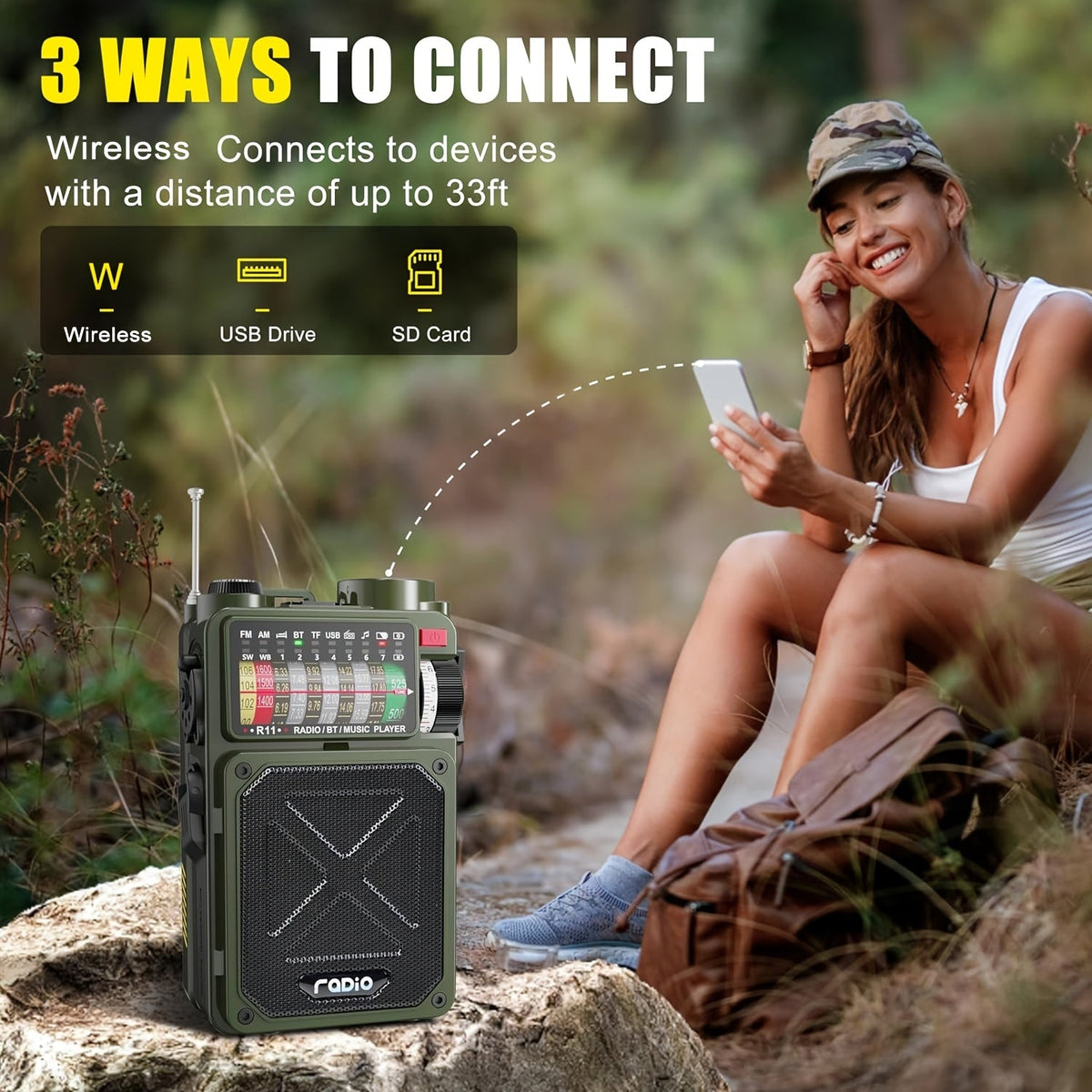 Portable Emergency Radio NOAA Weather Alert Solar & Hand Crank Powered VFD Display SOS Flashlight USB SD MP3 Headphone Jack for Power Outages Camping & Survival – Green