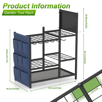 Heavy Duty Metal Garden Tool Organizer Rack 3-Tier with Storage Bags Long-Handle Holder for Broom Shovel & Rake – Outdoor Garage Yard & Workshop Space-Saving Black