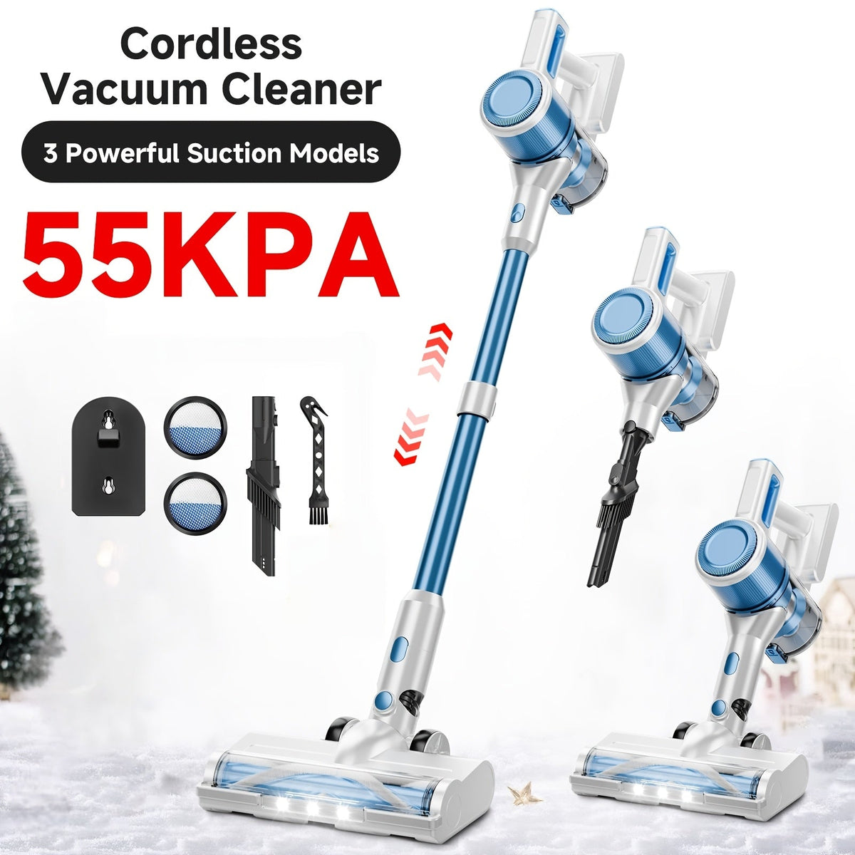 55KPa Cordless Stick Vacuum Cleaner 8-in-1 – Lightweight Powerful Handheld Vacuum with LED Light for Hardwood Carpet Floor Pet Hair Home Car