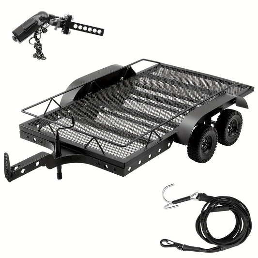 1/10 Scale RC Trailer Kit with Metal Flatbed, Adjustable Hitch & Kinetic Winch Strap – Dual Axle Flatbed Trailer Compatible with TRX4, TRX6, SCX10, Gen7, Gen8 RC Crawlers & Trucks