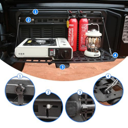 Jeep Wrangler Tailgate Table & MOLLE Panel, Foldable Cargo Rack, Aluminum Alloy, 100 lbs, Powder-Coated, No-Drill Install for JK/JKU, for Wrangler JK JKU JL JLU 4-Door 2007-2025, 24-Month Warranty