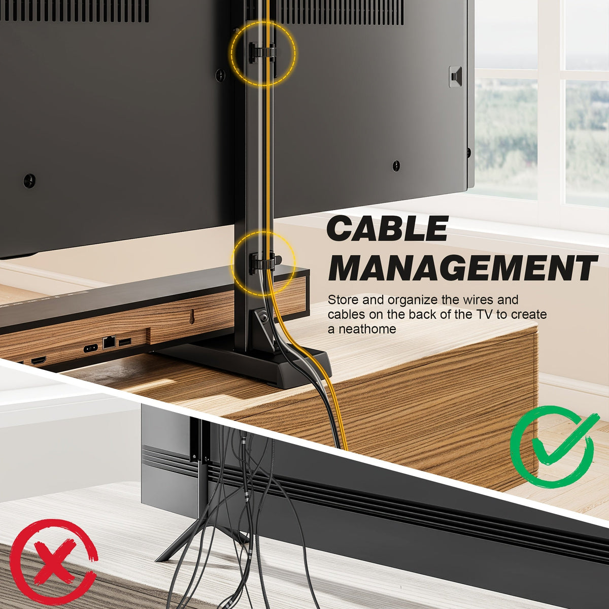 TV Stand with Legs - Height Adjustable 37"-92" Universal TV Floor Stand, Dual T-Bar Steel Frame, 150 lb Capacity, Cable Management, Anti-Tilt, No Drill - Black