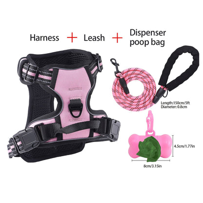 4-Piece Dog Harness and Leash Set No-Pull No-Choke Reflective Oxford Vest Harness with Leash Poop Bag Dispenser Easy Control Handle for Medium Large Dogs Outdoor Training Walking