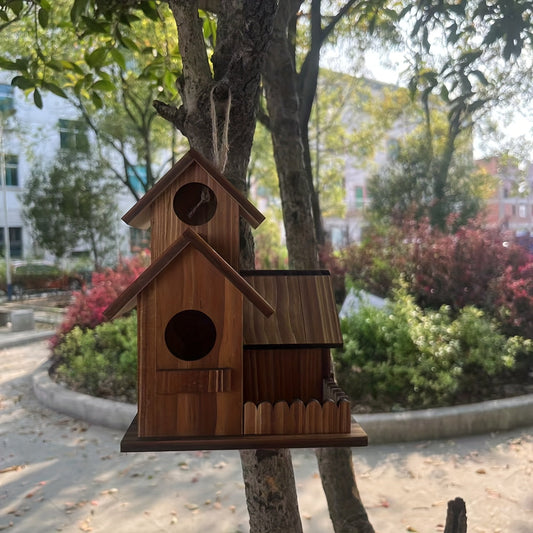 Outdoor Wooden Bird Nest 3-Room Rustic Natural Wood Wild Bird House for Garden Backyard Patio – Handcrafted Bird Nesting Box for Small Wild Birds Wildlife Habitat Decor