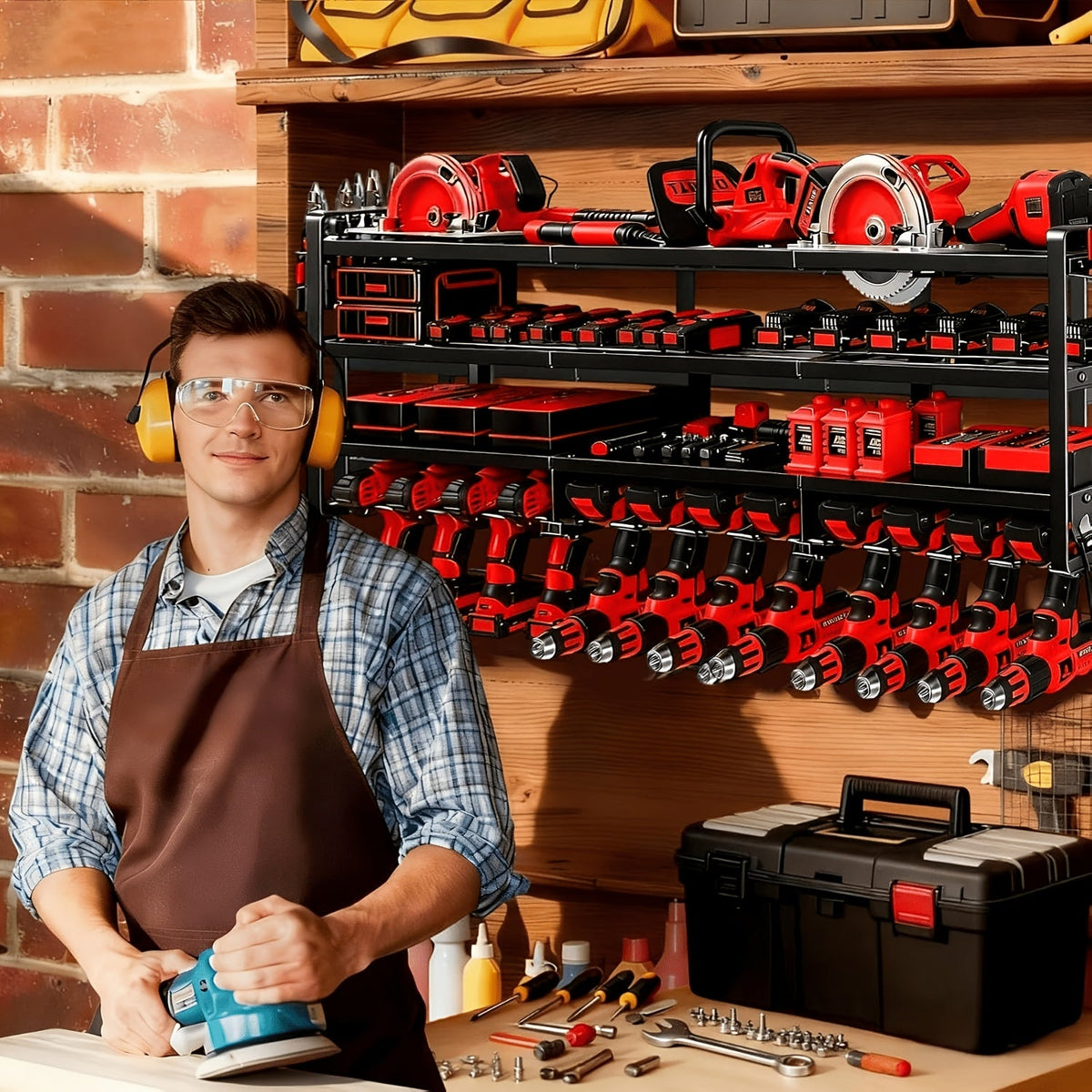 50" Wall Mount Power Tool Organizer, 600 lbs Capacity, 4-Tier Heavy Duty, Holds 12 Cordless Drills, Battery Tool Storage Rack, for Garage, Shed, Workbench & Workshop