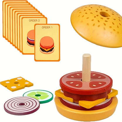 Wooden Stacking Hamburger Toy Set Fine Motor Skill Game with Food Pieces & Order Cards Montessori Pretend Play Toy for Toddlers Ages 3+ Birthday Halloween Thanksgiving Christmas Gift
