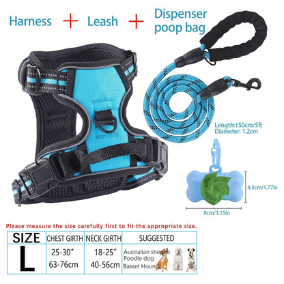 4-Piece Dog Harness and Leash Set No-Pull No-Choke Reflective Oxford Vest Harness with Leash Poop Bag Dispenser Easy Control Handle for Medium Large Dogs Outdoor Training Walking