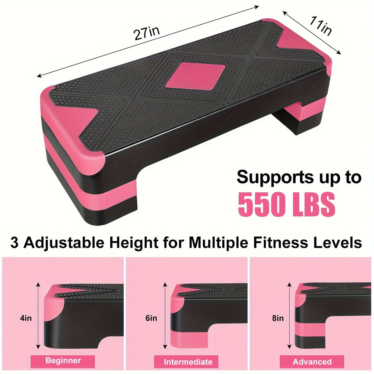 Adjustable Aerobic Step Platform – 3 Height Settings (4"/6"/8"), Non-Slip Workout Stepper for Home Gym Cardio Training, Step Aerobics Exercise Board (6 Colors)