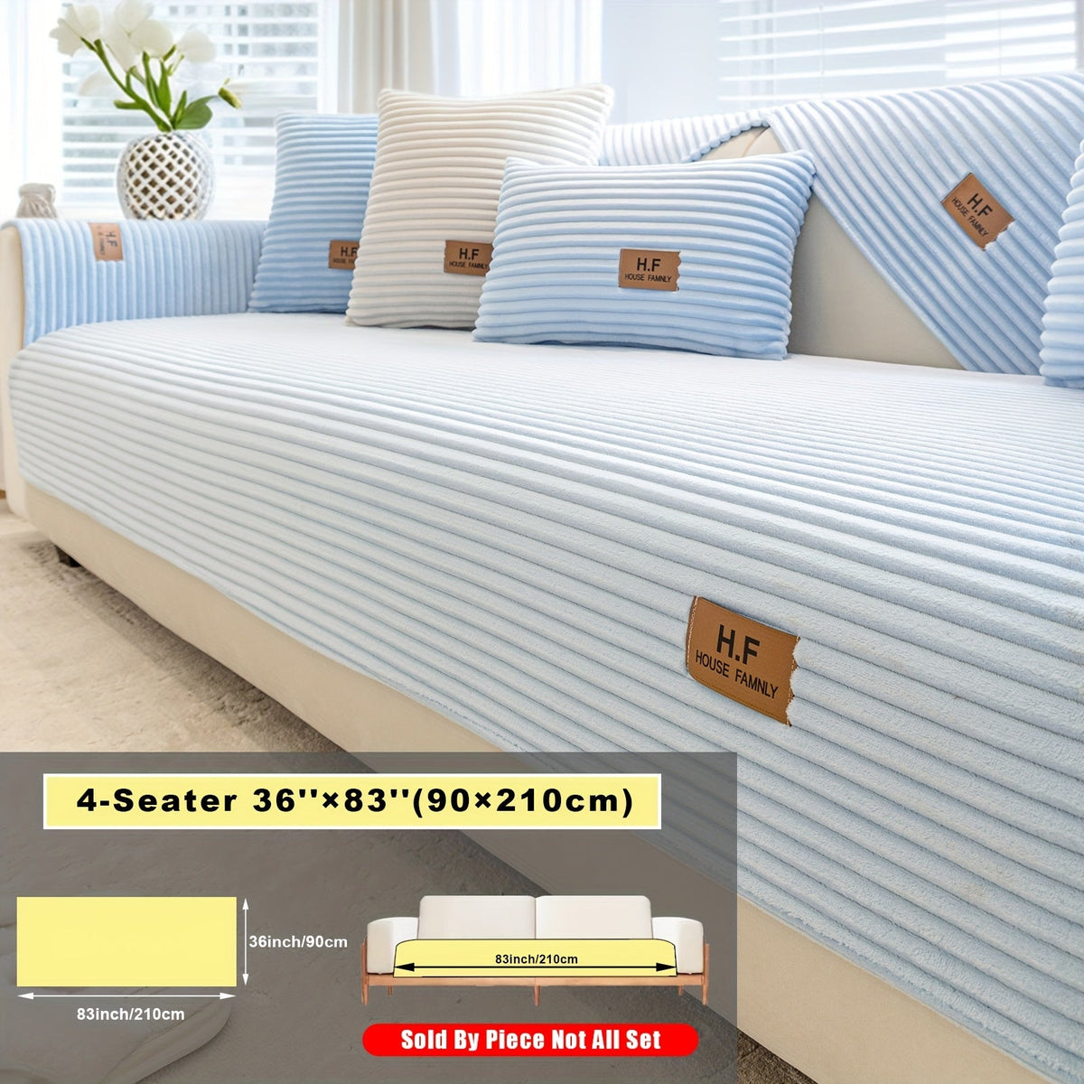 Short Plush Striped Sofa Cover & Cushion - All-Season, Pet-Friendly & Non-Slip - Armchair, Loveseat, 3/4/5-Seater, Backrest, Armrest & Pillowcase - White, Dark Gray, Light Gray, Coffee & Blue