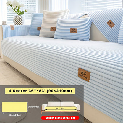 Short Plush Striped Sofa Cover & Cushion - All-Season, Pet-Friendly & Non-Slip - Armchair, Loveseat, 3/4/5-Seater, Backrest, Armrest & Pillowcase - White, Dark Gray, Light Gray, Coffee & Blue