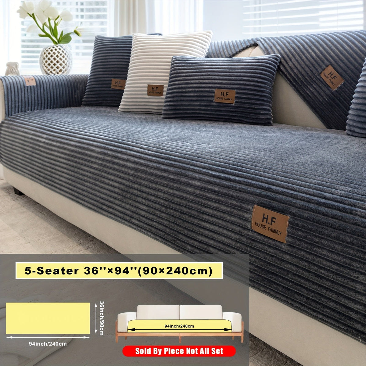 Short Plush Striped Sofa Cover & Cushion - All-Season, Pet-Friendly & Non-Slip - Armchair, Loveseat, 3/4/5-Seater, Backrest, Armrest & Pillowcase - White, Dark Gray, Light Gray, Coffee & Blue