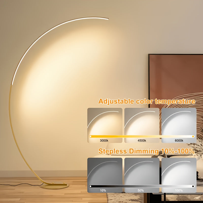 Modern 65-Inch Arched Floor Lamp with Remote – Dimmable RGB Color Changing LED Curved Standing Light for Bedroom Living Room in Black & Gold