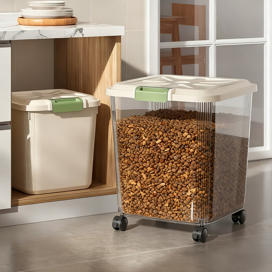 Sealed Pet Food Storage Container with Wheels & Measuring Spoon – Transparent Rolling Box with Lockable Airtight Lid & Spill-Proof Compartments for Dogs, Cats & Birds, Multiple Sizes