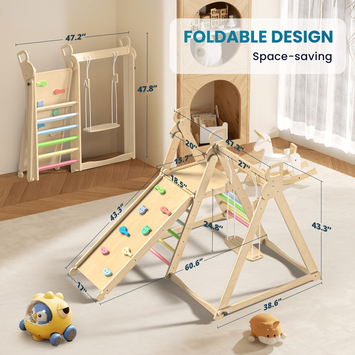 4-in-1 Indoor Wooden Jungle Gym for Toddlers & Kids, A-Frame Climbing Set with Swing, Slide, Climbing Wall & Ladder, Natural Wood Indoor Playground for Active Play & Motor Skill Development