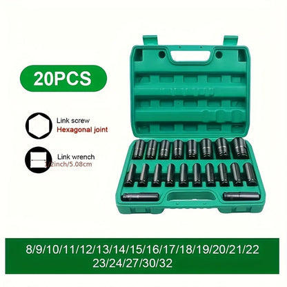 1/2" Drive Metric Deep Impact Socket Set – Chrome Vanadium Steel 8mm-32mm, Extended Hex Socket for Electric Wrench & Automotive Repair, 10-Pack or 20-Pack
