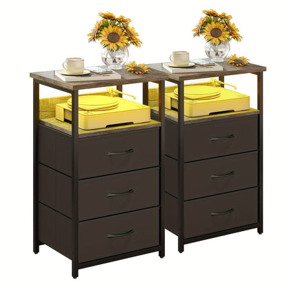 LED Nightstand with Charging Station - 1/2/3/4 Drawers, RGB App-Controlled Music-Sync Lighting, Metal Frame, Fabric Drawers & PU Finish, Adjustable Legs, 2 AC Outlets - 1 or 2 Pack - Bedroom & Living Room - Black, White, Gray & Brown