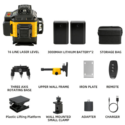 16-Line 4D Laser Level - 360° Self-Leveling, 2x 3000mAh Batteries, Remote Control, Digital Display, Optional 39" Tripod - Construction, Tile, Renovation, Wall & Floor Alignment, Picture Hanging
