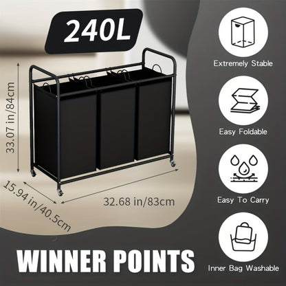 3-Bag Laundry Sorter Cart - 240L/63.4gal, Heavy-Duty Lockable Rolling Wheels, Removable Bags, Non-Woven Reinforced Frame - Bedroom & Laundry Room - Black, Gray, Beige & Brown