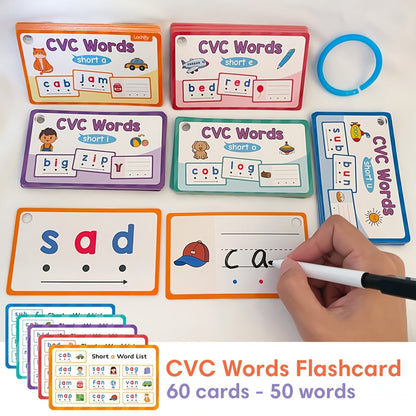 60 Pcs Erasable CVC Word Phonics Flash Cards for Kids Kindergarten Preschool Reading Spelling Learning Aids Beginning Readers Word Builders Mixed Colors Classroom Homeschool Supplies Gift