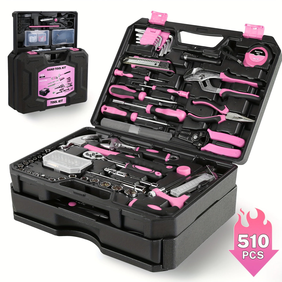 510-Piece Pink Tool Kit Set with 1-Drawer Toolbox Storage Case, Home Repair Mechanics Tool Set with Screwdrivers Pliers Wrenches Sockets, Ergonomic Handles, Portable Organizer for Women & Men
