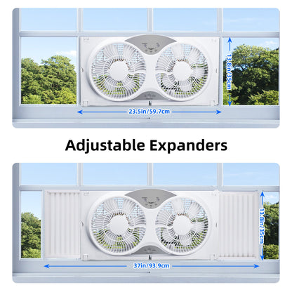 Twin Window Fan 9" - Reversible Airflow, 3 Speeds, 23.8"-37" Expandable Width, Exhaust & Intake - Remote or Timer - Home & Bedroom