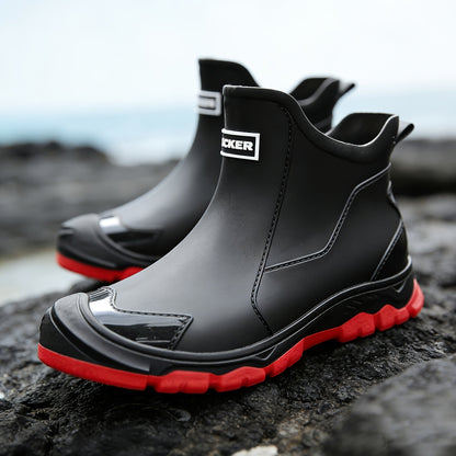 Lightweight Non-Slip Short Ankle Rain Boots for Men and Women Cushioned Insoles Breathable Lining Textured Anti-Slip Sole Fashionable Unisex Couple Rain Boots for Car Washing Outdoor Activities Black Beige US 5.5-12