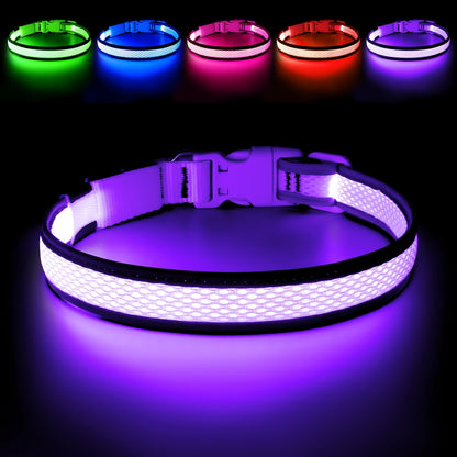 LED Dog Collar USB Rechargeable with 6 Color Lights - Adjustable Soft Mesh Safety Collar for Small Medium Large Dogs, Glowing Night Visibility Dog Collar for Nighttime Walking, Durable & Stylish