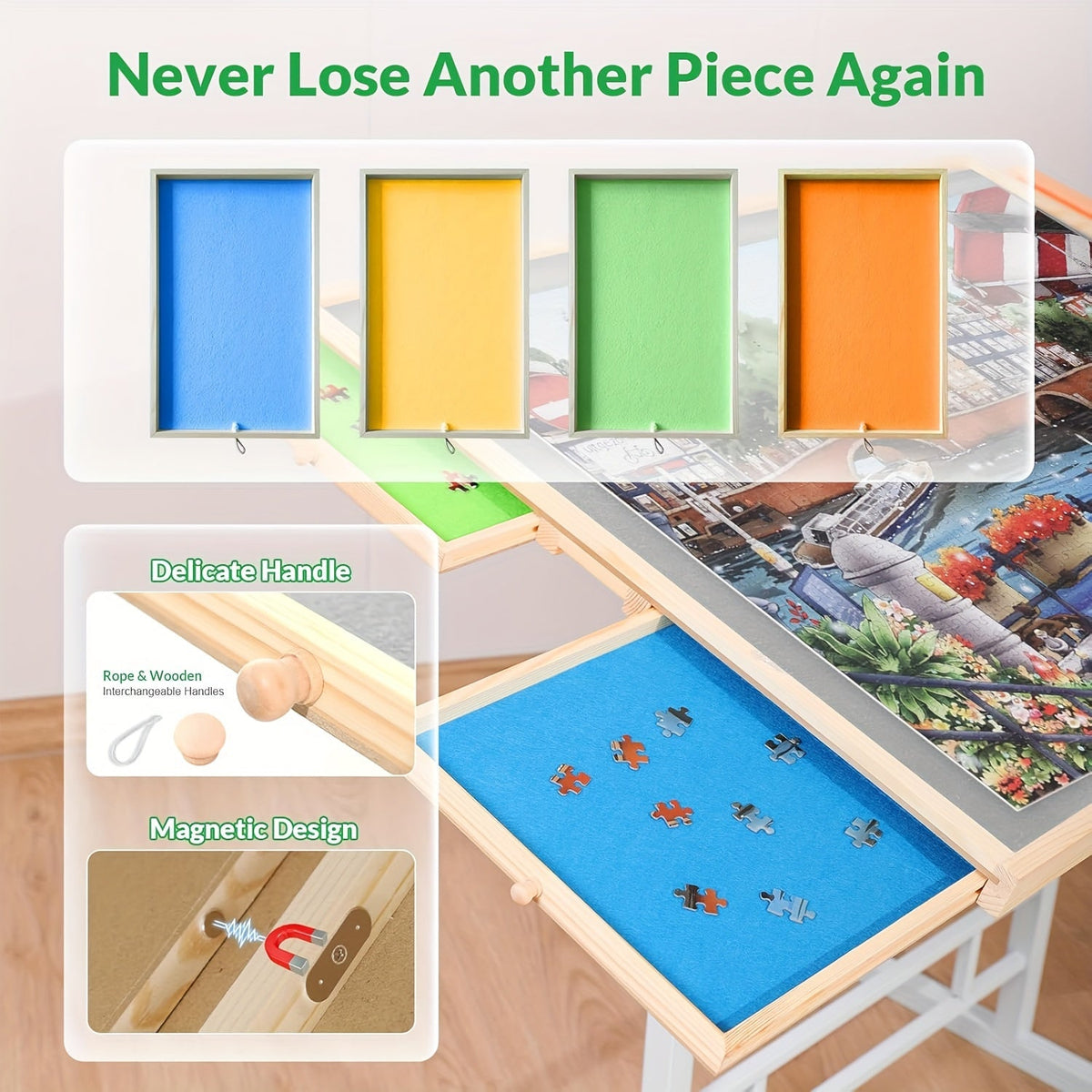 Adjustable Puzzle Table for 1500-Piece Puzzles – Tilt & Height Adjustable Solid Wood Puzzle Board with Storage Drawer – Portable Adult Puzzle Station – Ideal Birthday & Holiday Gift