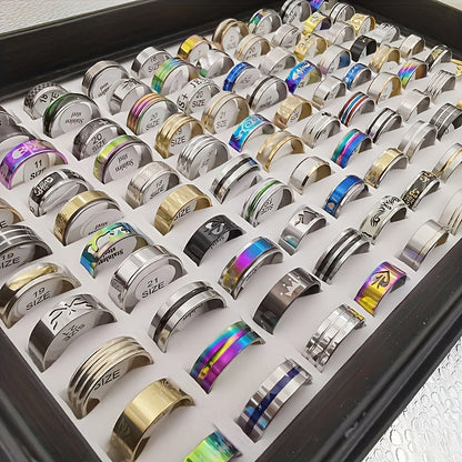 100 Pcs Stainless Steel Rings Bulk Set with Box – Assorted Mixed Styles Heart & Stripe Bands for Women, Men & Couples, Colorful Wholesale Jewelry Gift Pack, Random Assortment