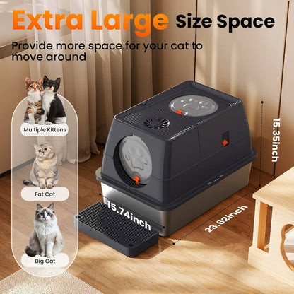 XL Stainless Steel Enclosed Cat Litter Box with Flip Top Lid & High Sidewalls – 3-in-1 Anti-Scatter Metal Litter Pan for Large Cats & Multi-Cat Households