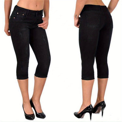 Women's Stretch Skinny Capri Jeans – Slim Fit Cropped Denim Pants with Elastic Waistband, Soft Machine Washable Fabric, Street Style Summer Casual, 3 Colors, Sizes S-XXL