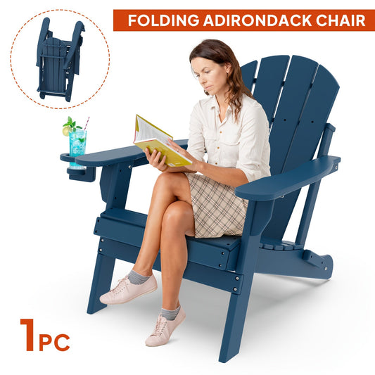Folding Adirondack Chair with Cup Holder Portable Recliner Stainless Steel Frame Durable Plastic Easy Clean for Patio Poolside Garden Camping Set of 1 2 4 6