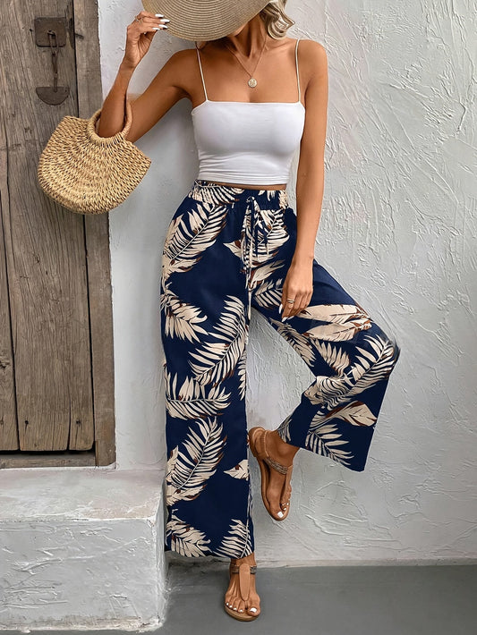 Women's Wide Leg Pants Tie Up Floral Print Casual Loose Fit Comfortable Trousers Bohemian Style S M L XL XXL Black Blue