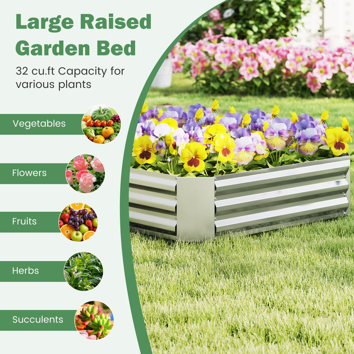 8x4x1FT Galvanized Raised Garden Bed, 30.5 Cu Ft, Open-Ended Base, X-Bar Reinforced Frame, Rustproof, Tool-Free Assembly, for Vegetables, Flowers, Herbs & Fruit, Patio, Yard, Silver