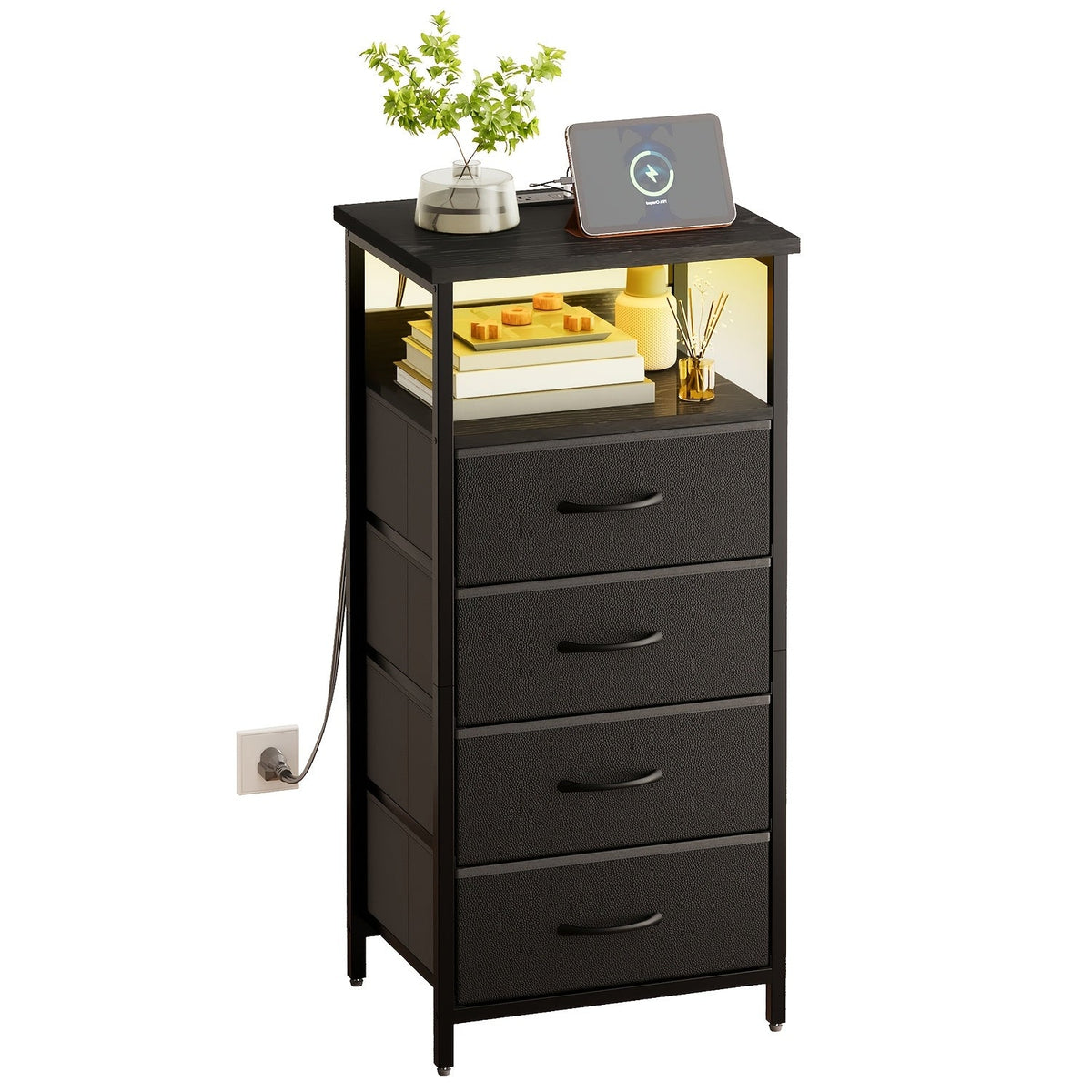 LED Nightstand with Charging Station - 1/2/3/4 Drawers, RGB App-Controlled Music-Sync Lighting, Metal Frame, Fabric Drawers & PU Finish, Adjustable Legs, 2 AC Outlets - 1 or 2 Pack - Bedroom & Living Room - Black, White, Gray & Brown