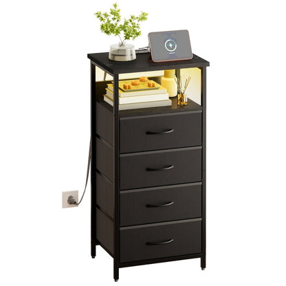 LED Nightstand with Charging Station - 1/2/3/4 Drawers, RGB App-Controlled Music-Sync Lighting, Metal Frame, Fabric Drawers & PU Finish, Adjustable Legs, 2 AC Outlets - 1 or 2 Pack - Bedroom & Living Room - Black, White, Gray & Brown